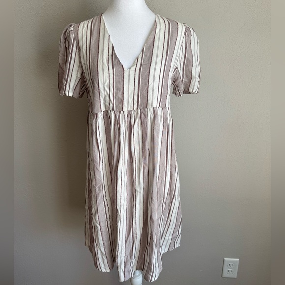 MNG Red Cream Striped V-Neck Mini Babydoll Shirt Dress Women 4 Boho Cottagecore - Picture 1 of 5